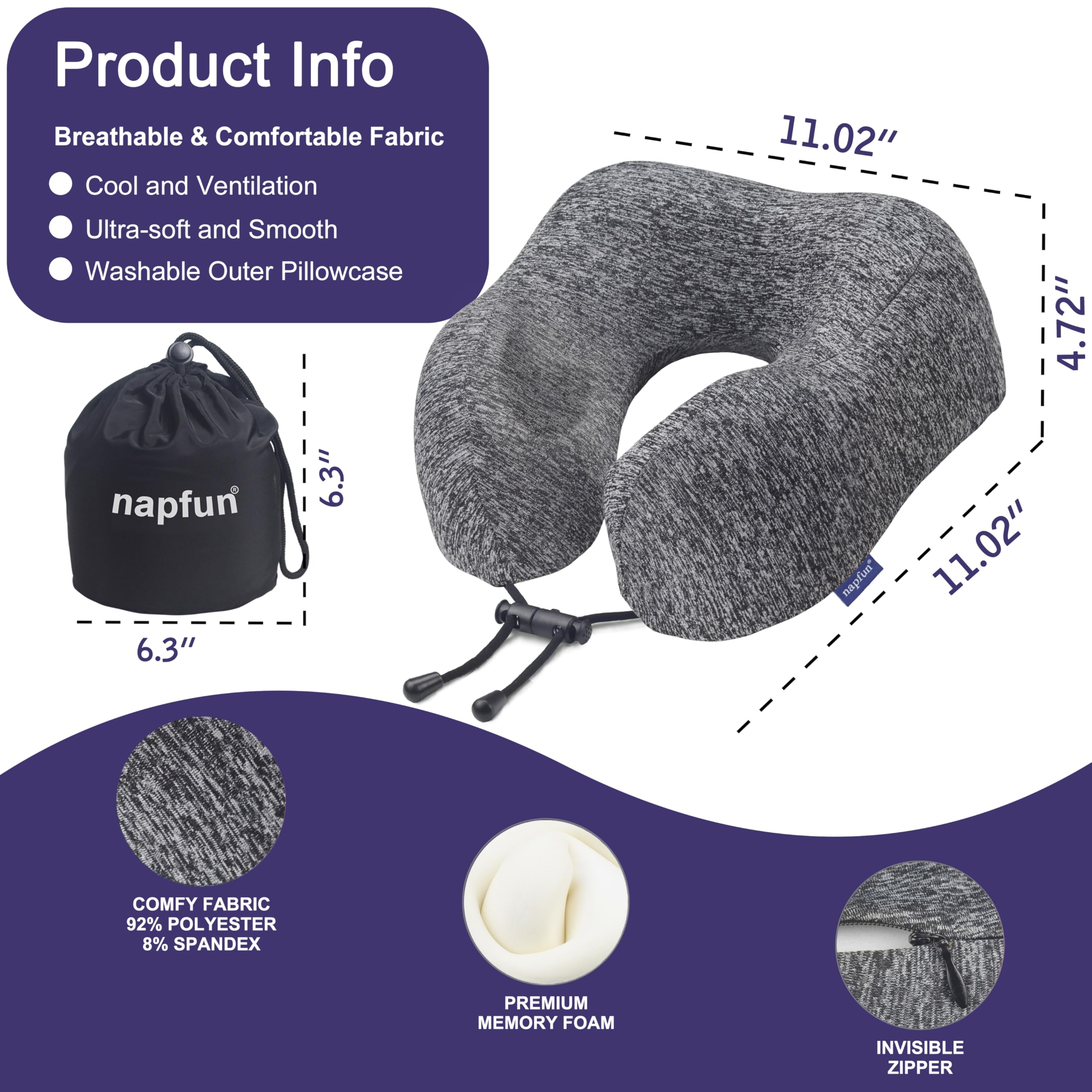 napfun memory foam flight pillow provides snug neck cushioning on planes.