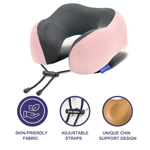 Napfun memory foam pillow close-up highlights contouring comfort on long trips.