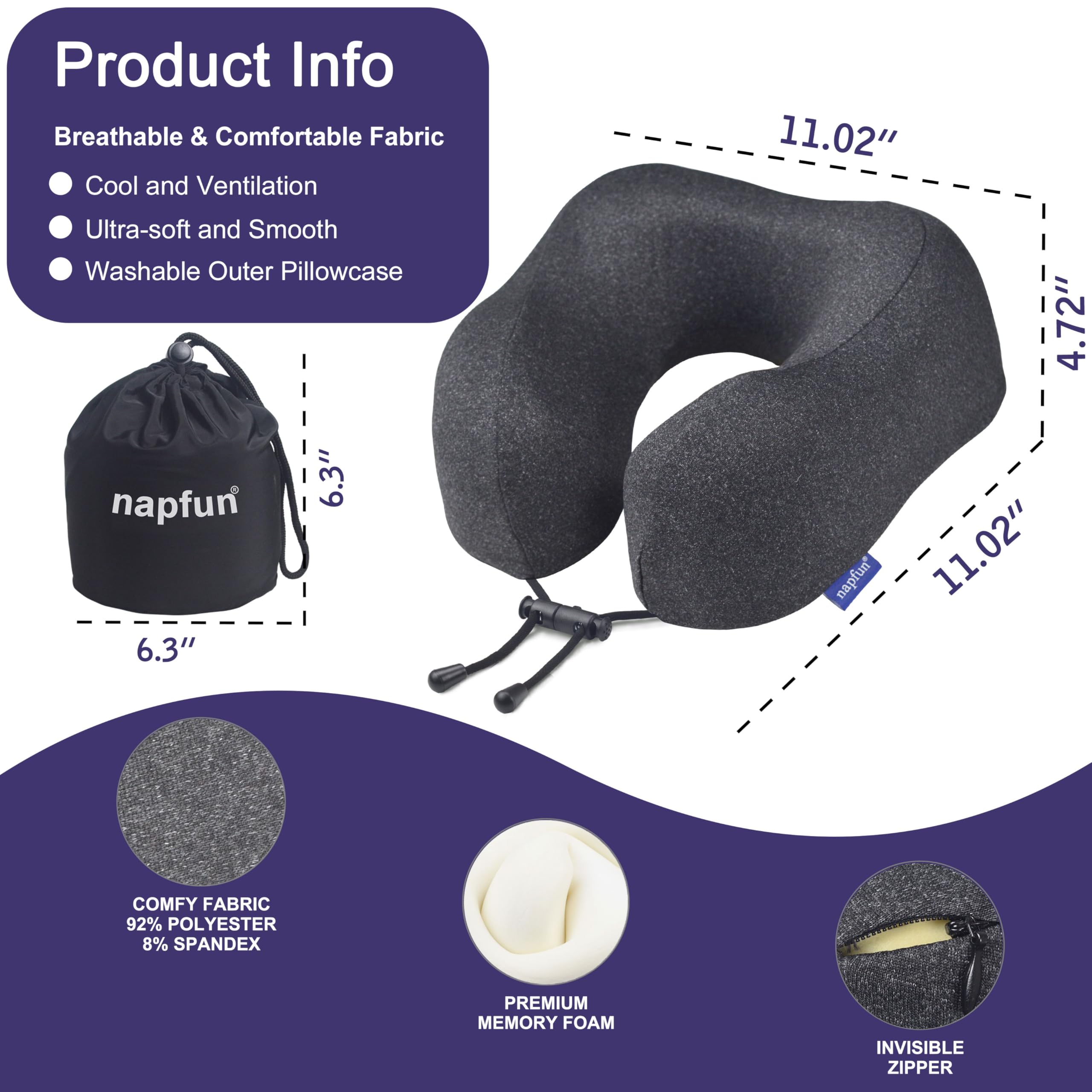 Napfun memory foam contour provides personalized neck comfort on flights.