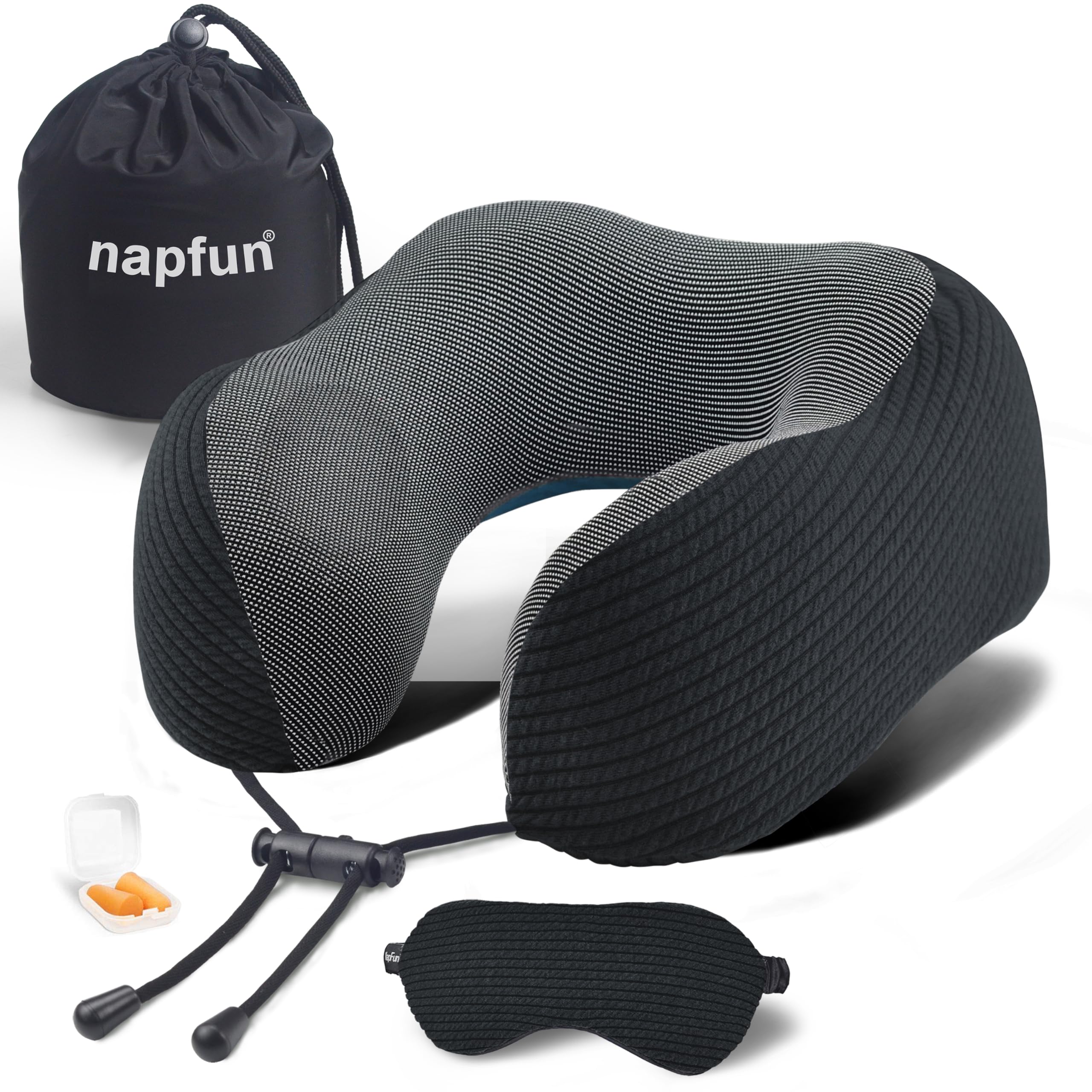 Napfun neck pillow with chin-support helps prevent head-forward slump on flights.