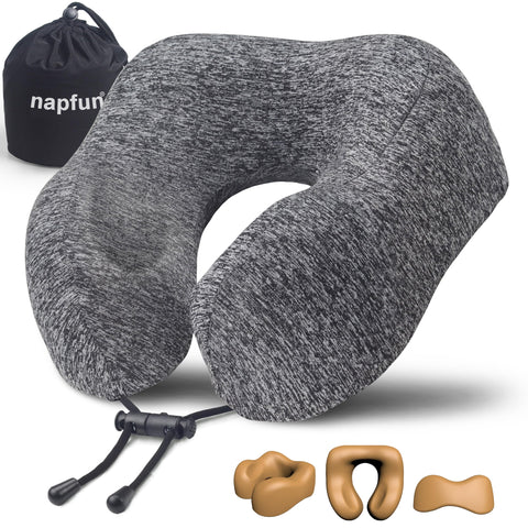 napfun neck pillow with chin support for comfortable airline travel.
