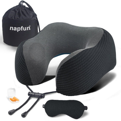 Napfun neck pillow with chin-support helps prevent head-forward slump on flights.