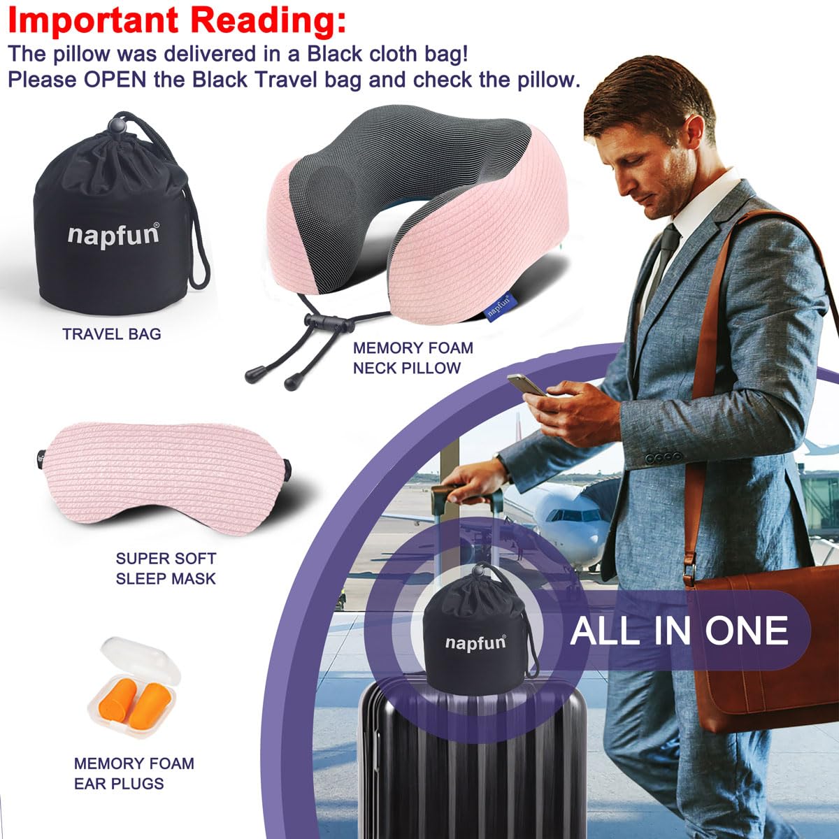 Napfun plane essentials arrangement emphasizing on-the-go comfort during commutes.