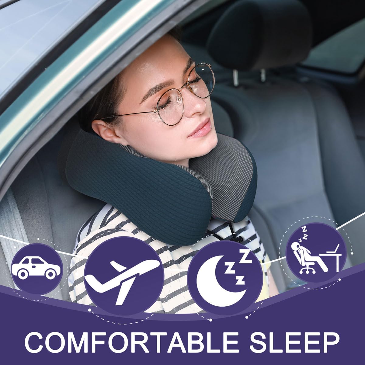 Napfun plane pillow in its portable travel bag for easy packing