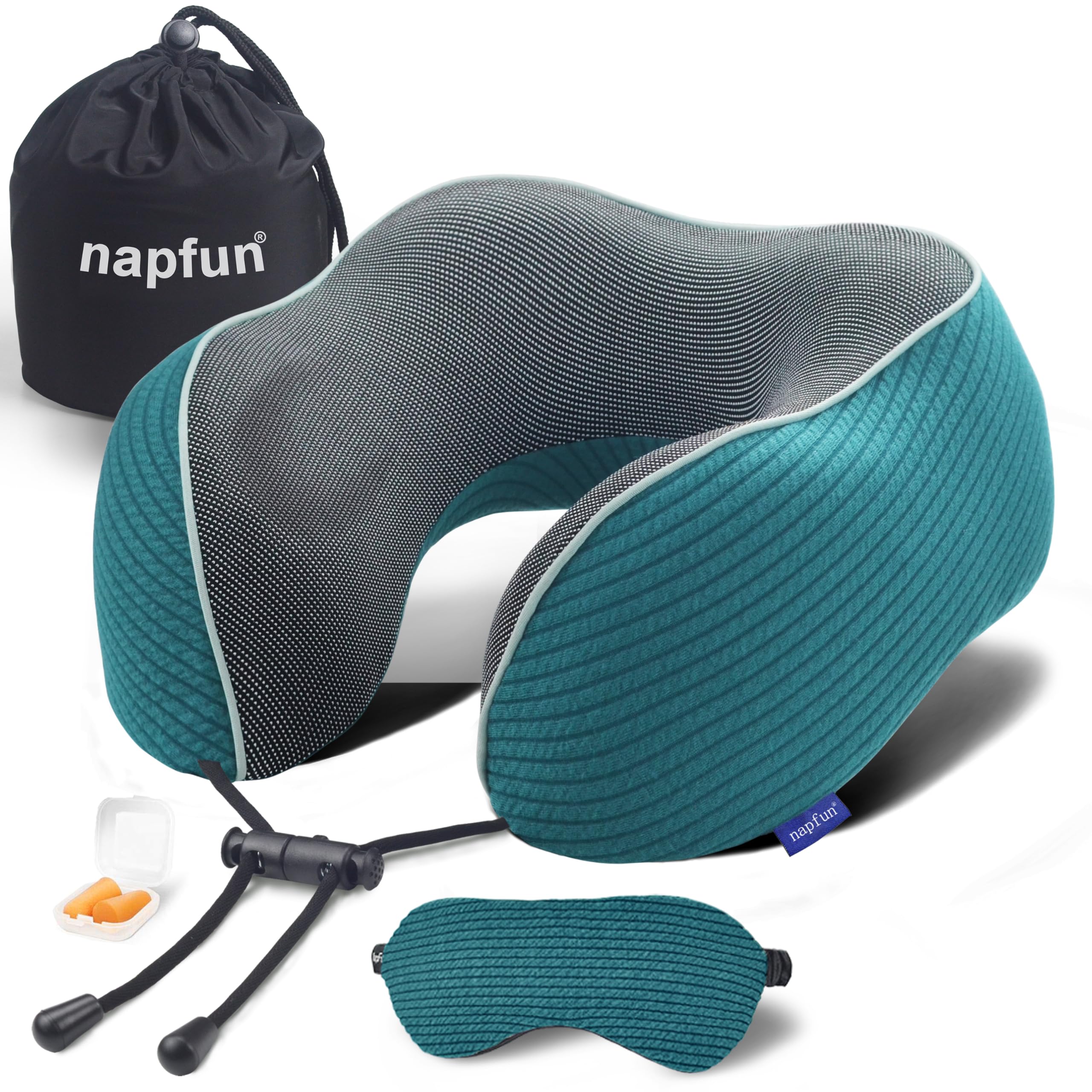 napfun neck pillow in teal stripes with travel pouch for easy packing