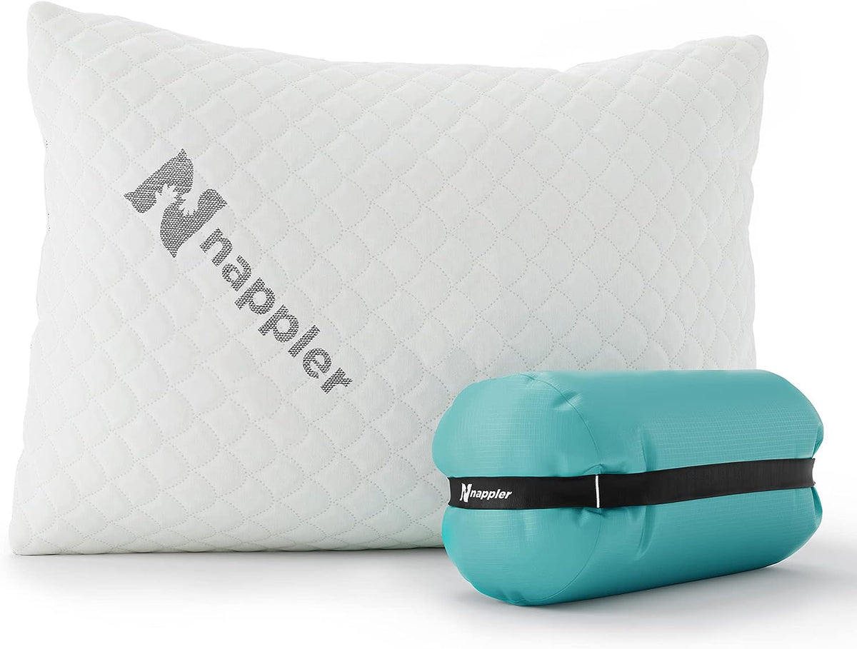Nappler small shredded memory foam pillow for travel with compact form and on-the-go comfort.