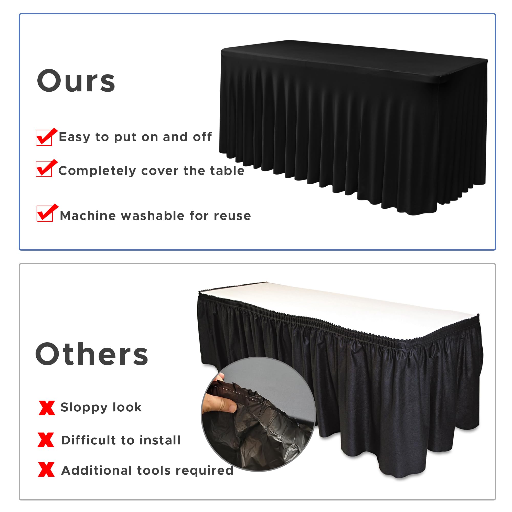 Nasitos machine-washable table skirt with cold-water care for reuse.