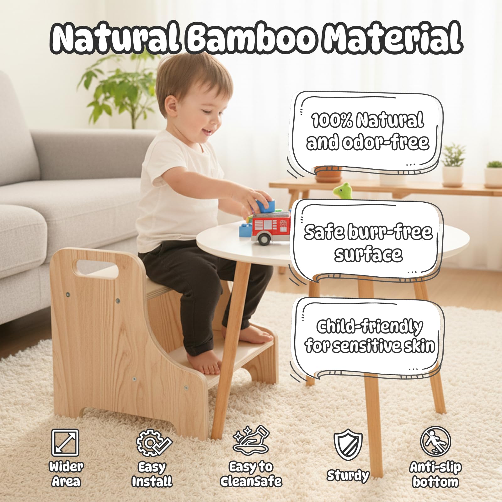 Natapai toddler step stool with anti-slip pads minimizes slipping.