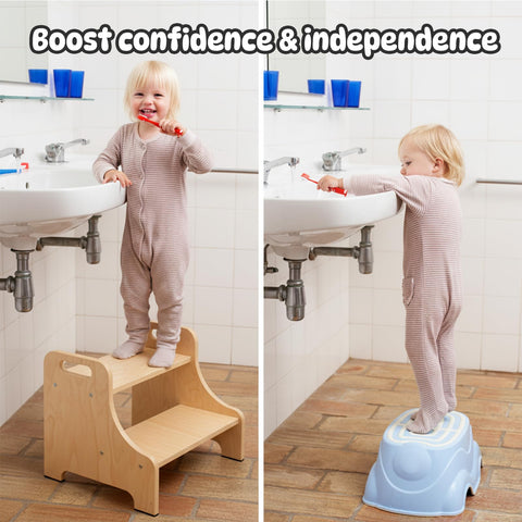 Natapai toddler step stool with dual-height steps for growing kids.