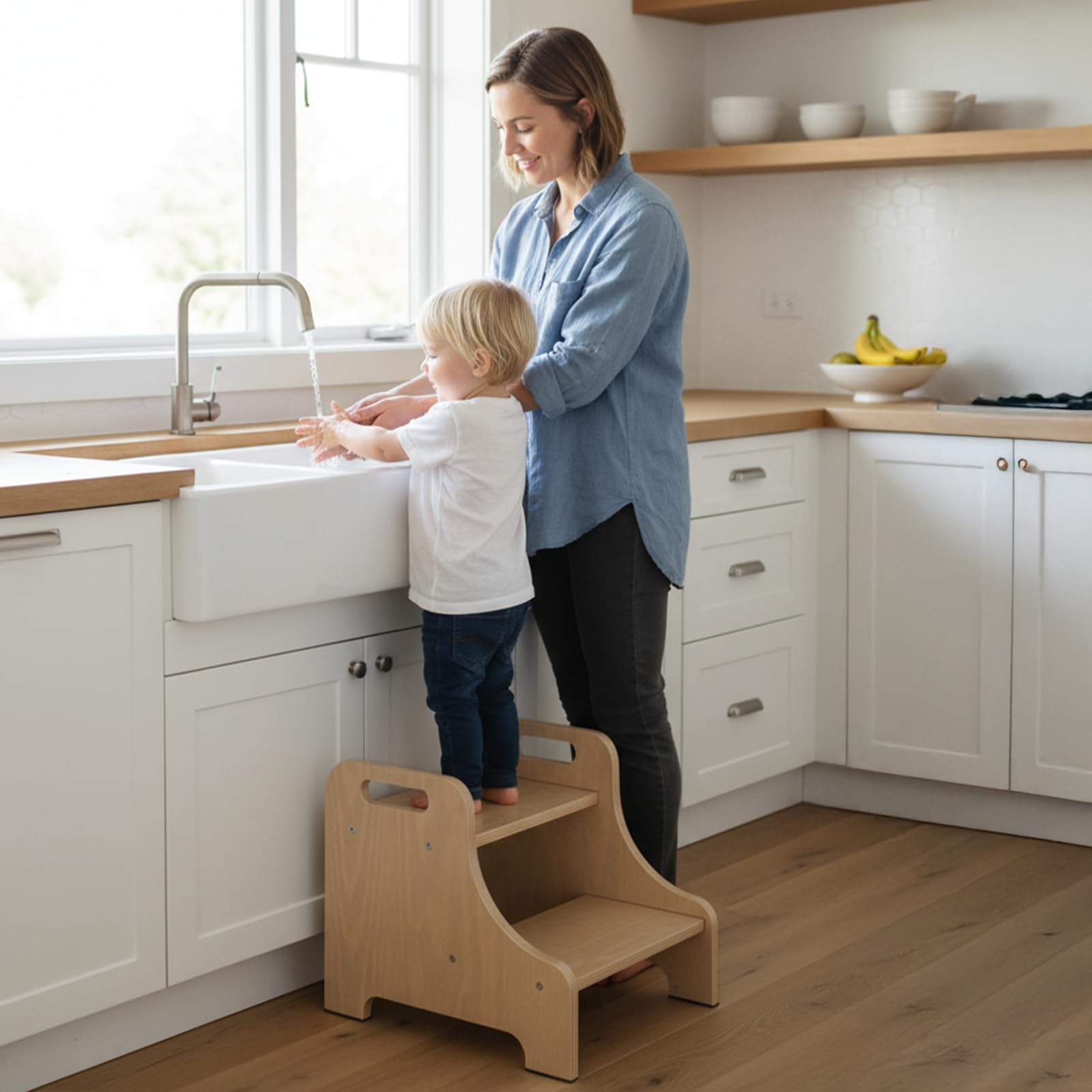 Natapai step stool with easy assembly and included hardware.