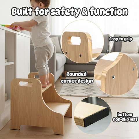 Natapai toddler step stool with side handles aids steady climbing.