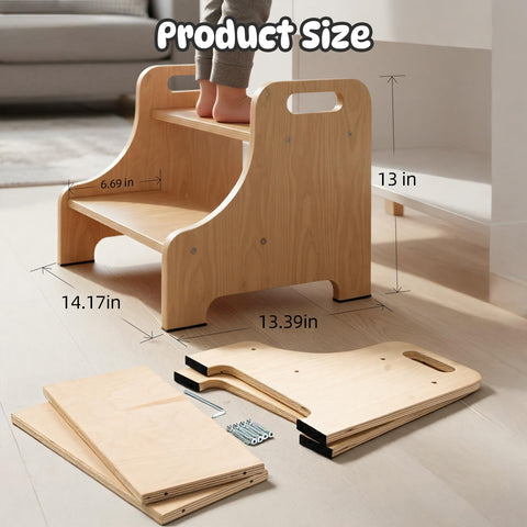 Natapai wooden stool with small footprint fits tight spaces.
