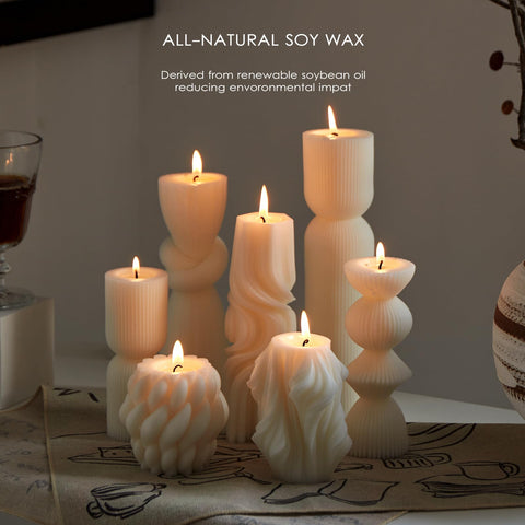 NATCENSE white pillar candles on dining table enhancing decor.