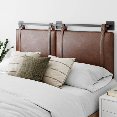 Nathan James Harlow headboard in brown PU adds stylish, space-saving bedroom focal point.