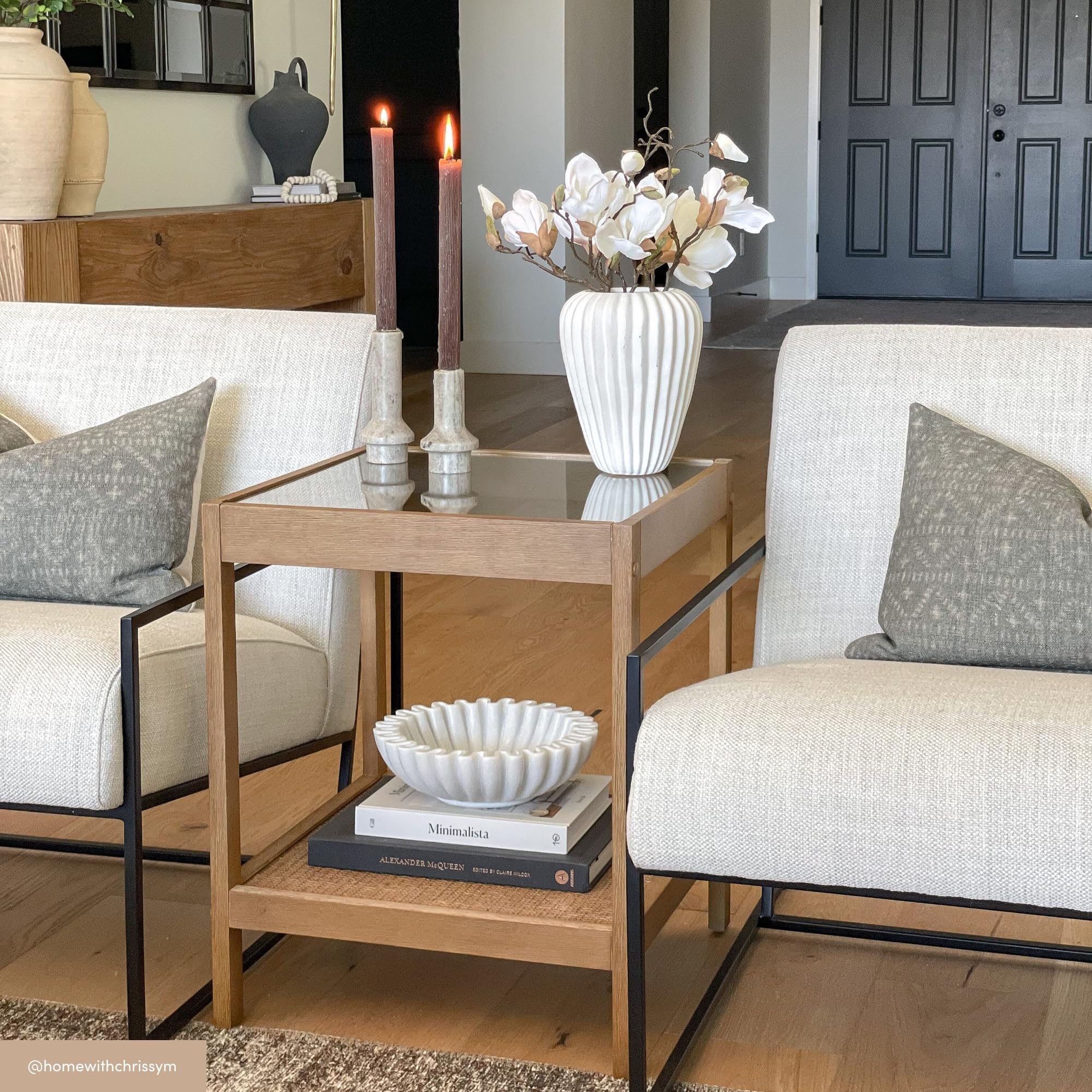 Hayes end table beside sofa suits lamps and beverages.