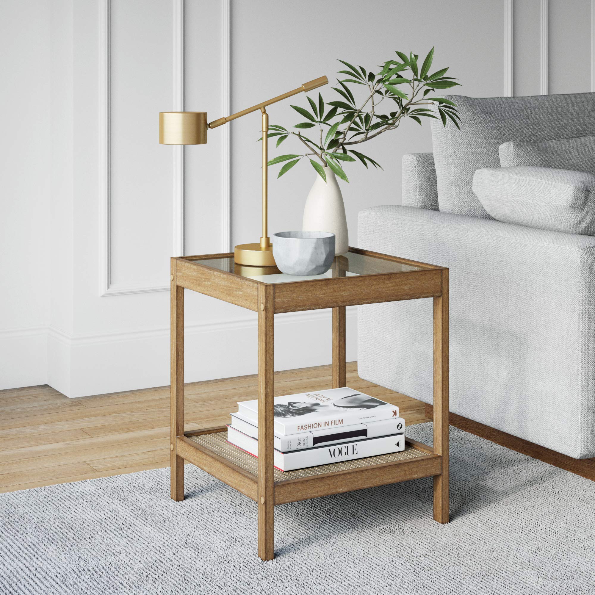 Nathan James Hayes nightstand with glass top enhances a modern bedroom.
