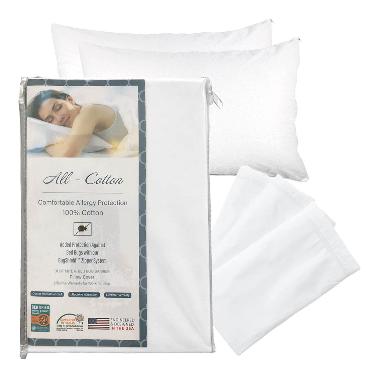 National Allergy Premium Pillow Protector close-up showing the zipper encasement for full pillow coverage
