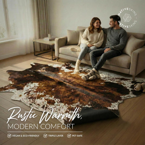 NativeSkins brown cowprint rug for living room with realistic pattern.