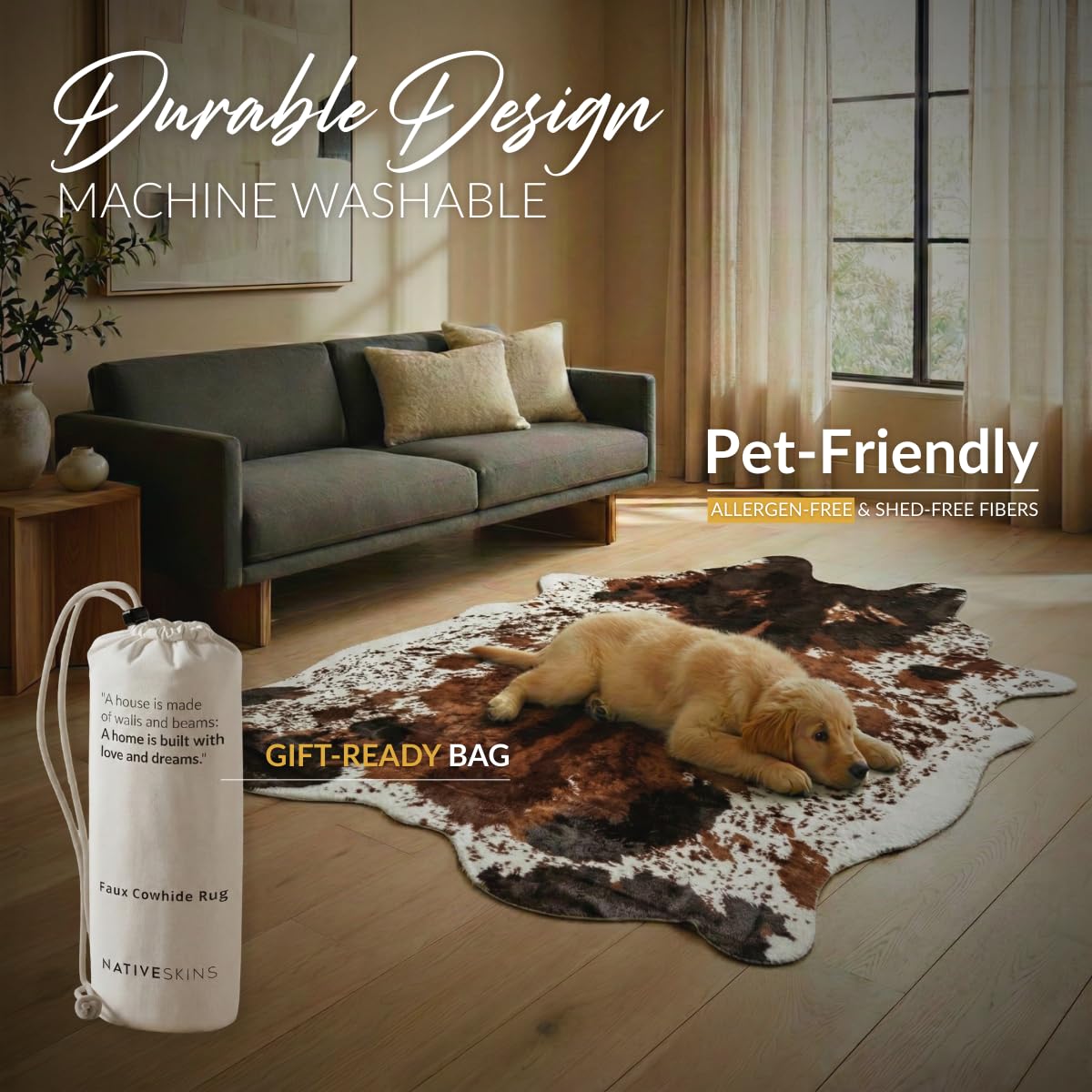 NativeSkins pet-friendly rug, allergen-free and soft for families.