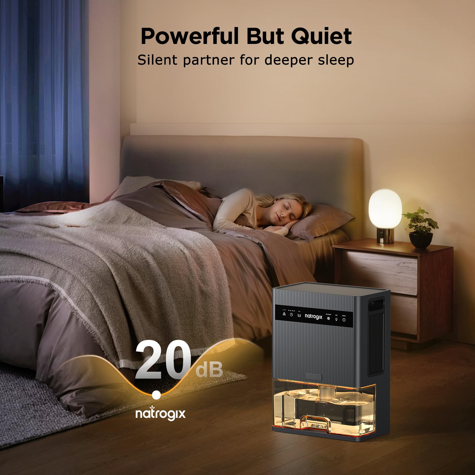 Natrogix dehumidifier with seven-color ambient light and timer options for mood and convenience.