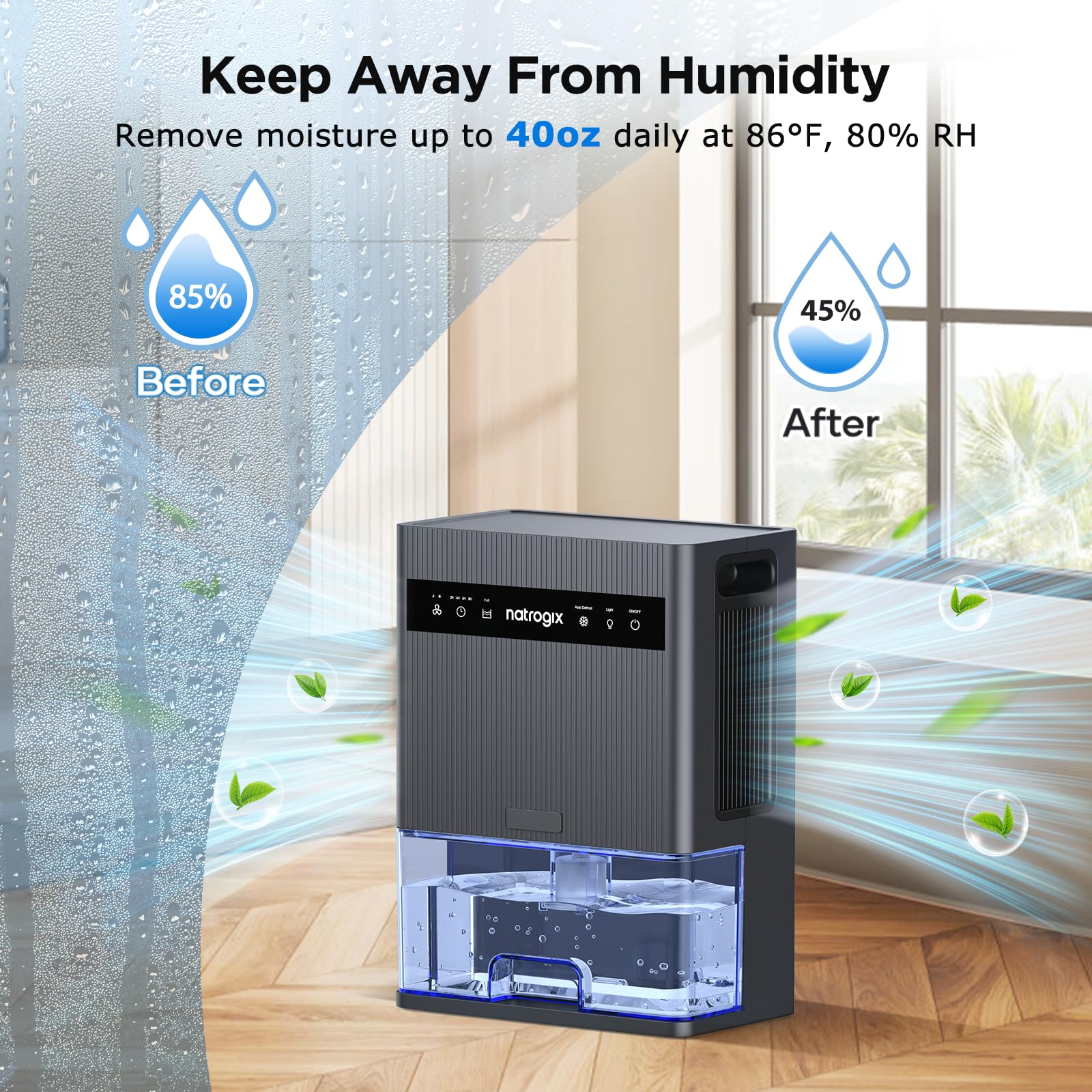 Natrogix dehumidifier auto shut-off and defrost features for safe operation.
