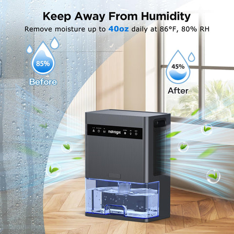 Natrogix dehumidifier auto shut-off and defrost features for safe operation.