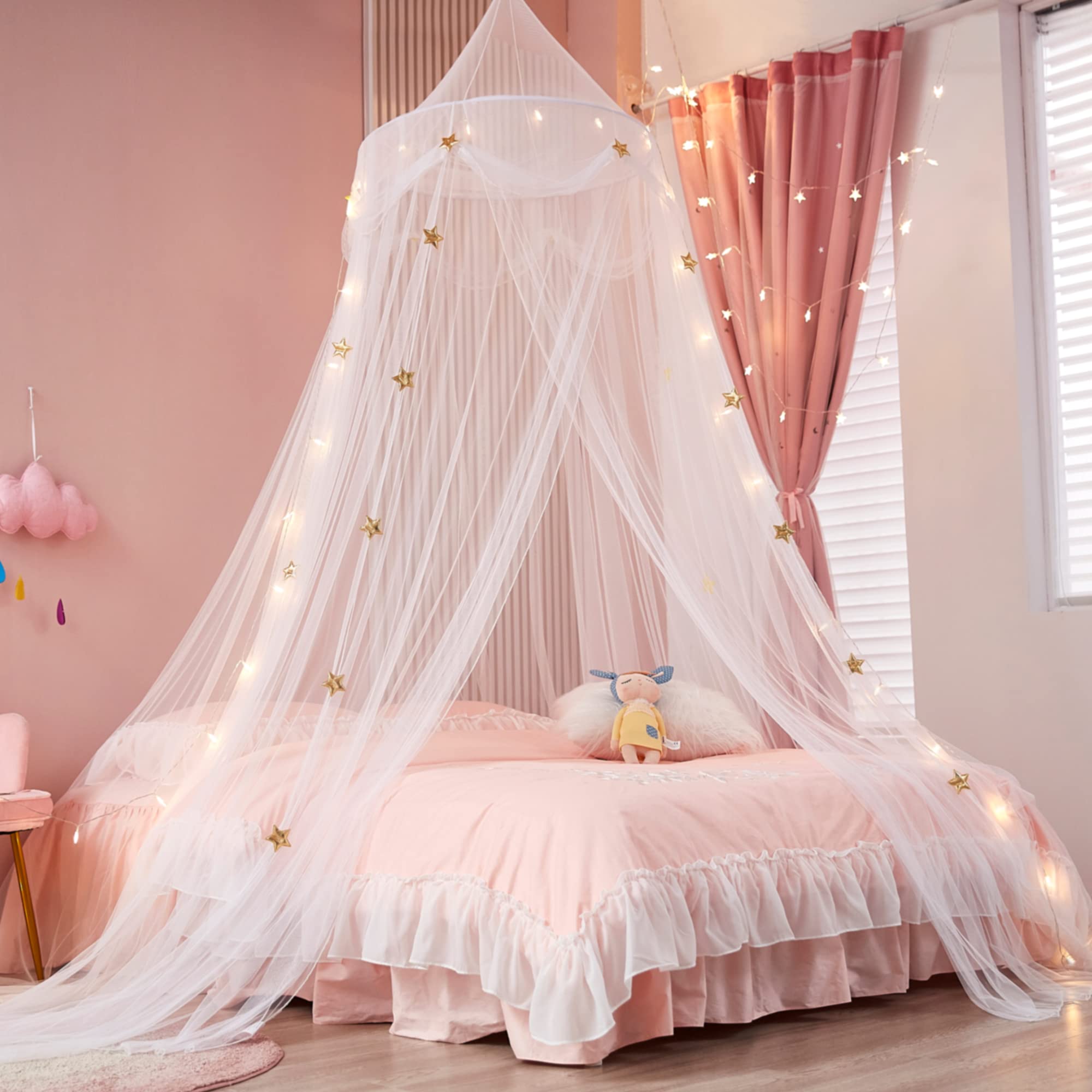 Nattey bed canopy with lights adds soft illumination for bedtime stories.