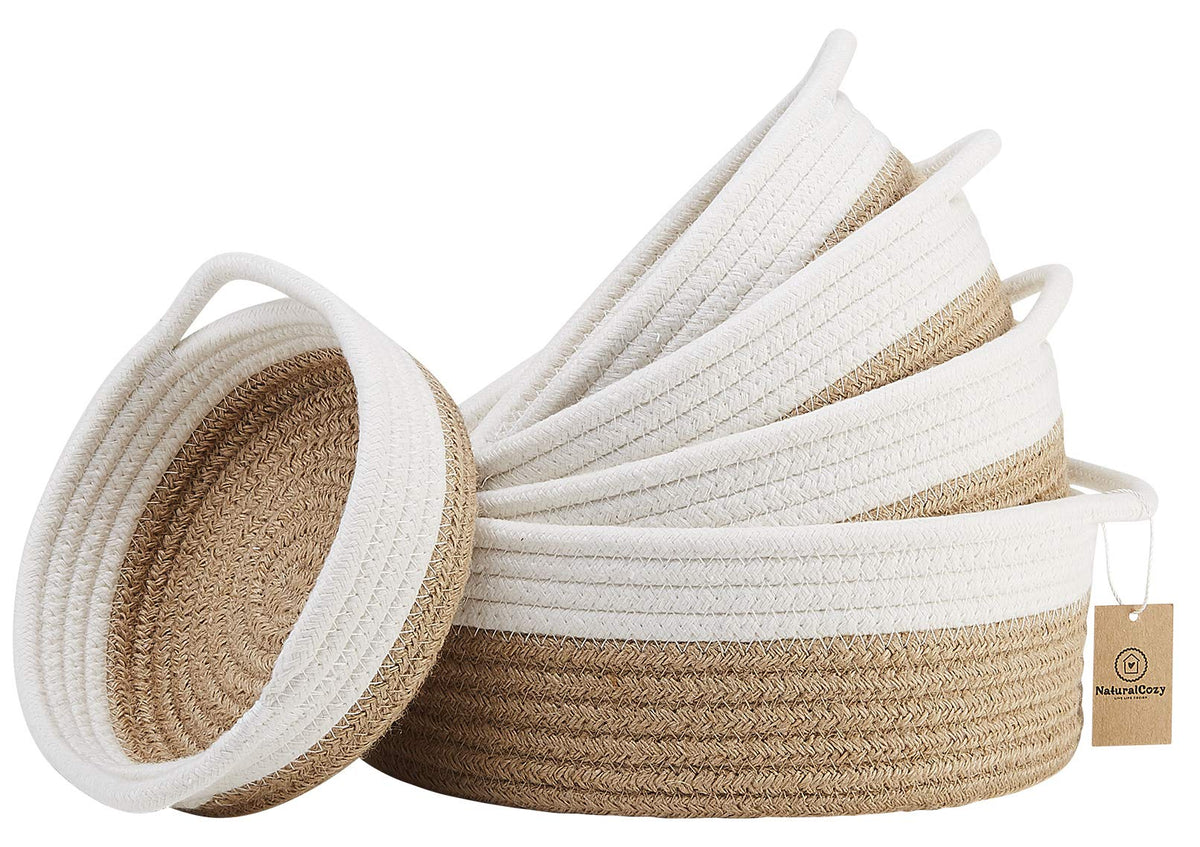 NaturalCozy five-piece round basket set largest for toy or fruit display.