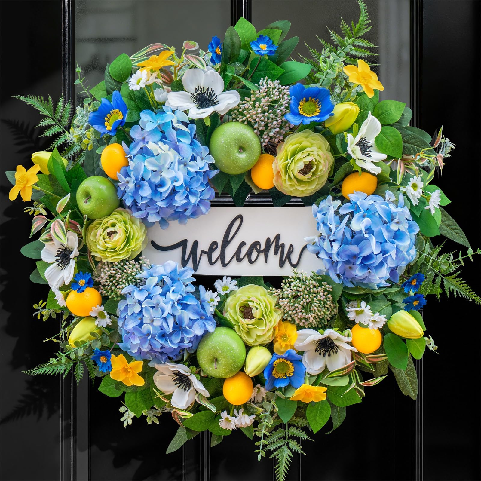 NaturaWre 24-inch wreath with blue hydrangea for a bright, welcoming front entrance.