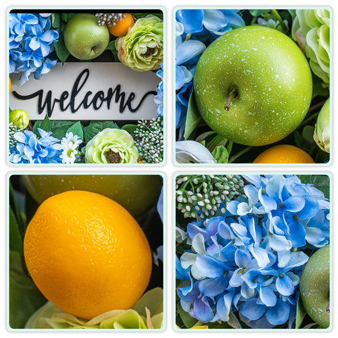 NaturaWre wreath features apples and lemons with florals for farmhouse curb appeal.