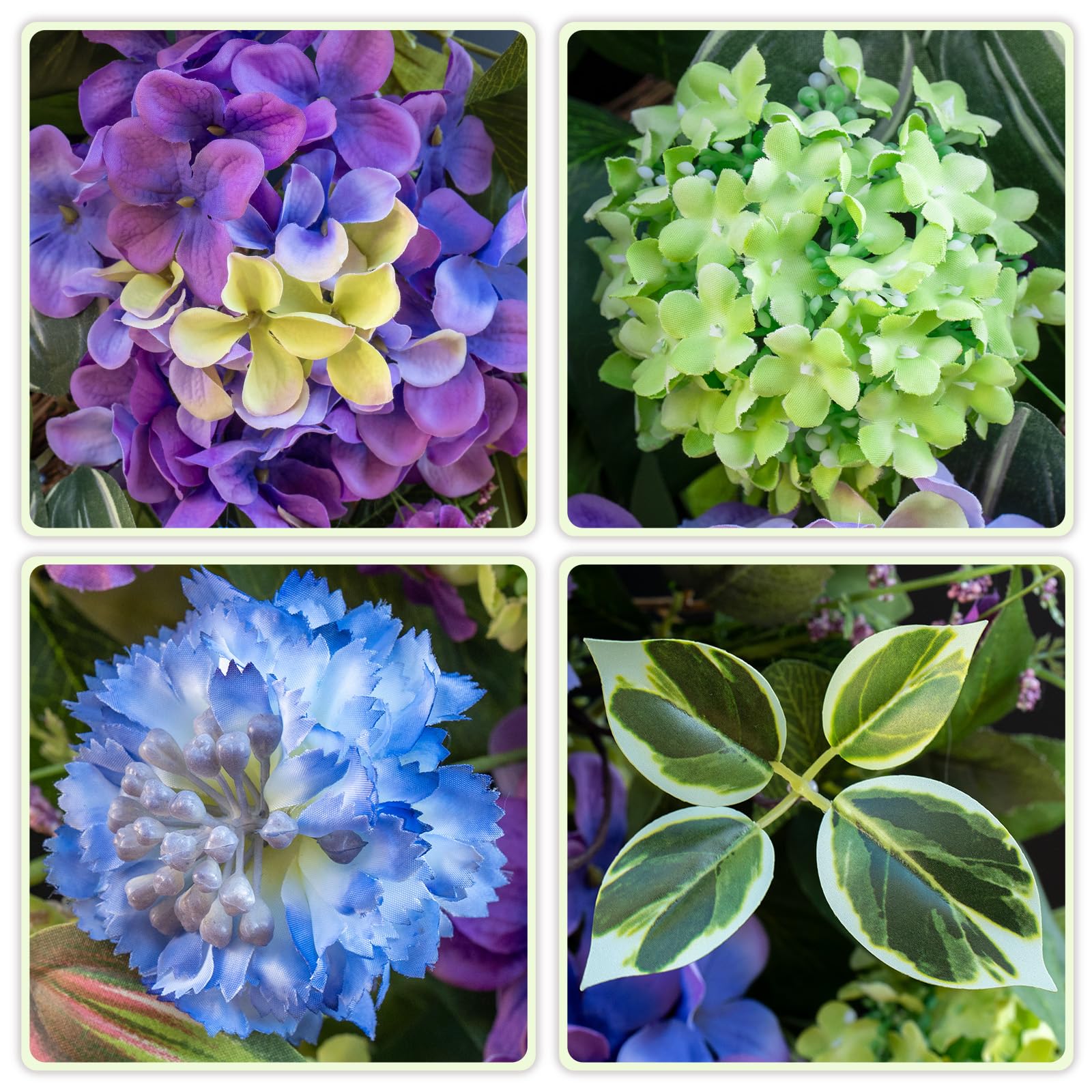 Closeup of Hydrangea petals on NaturaWre wreath showing vibrant color