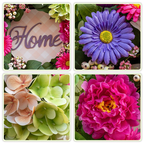 NaturaWre front door wreath with decorative wooden Home sign adds warmth