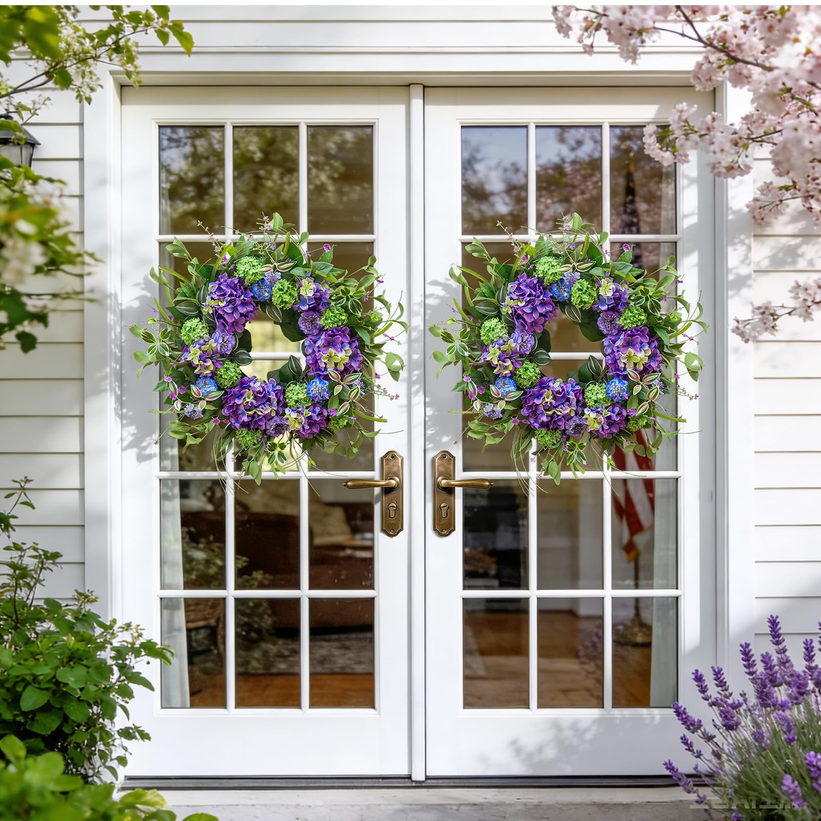 Porch decor idea with NaturaWre spring wreath on front door