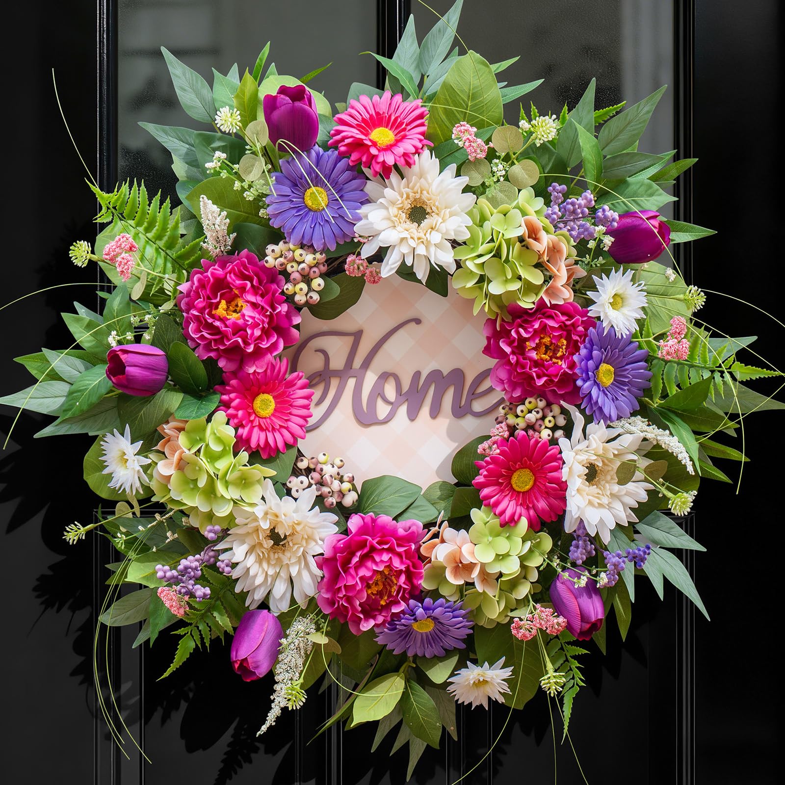 NaturaWre spring front door wreath featuring hydrangea, peony, and tulip for a welcoming entry
