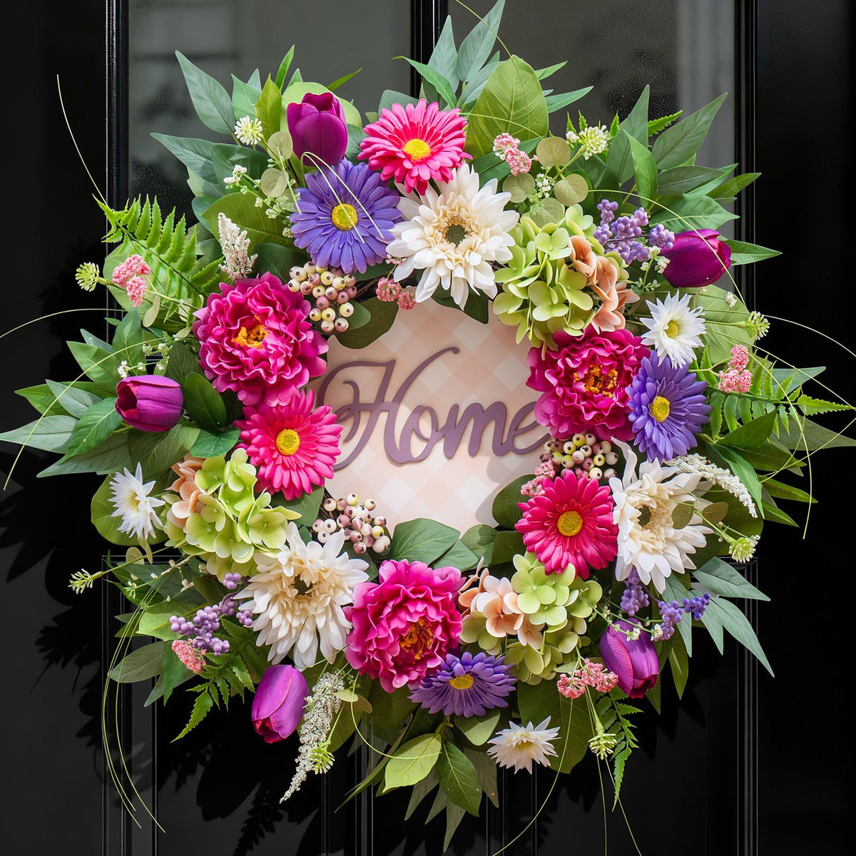 NaturaWre spring front door wreath featuring hydrangea, peony, and tulip for a welcoming entry