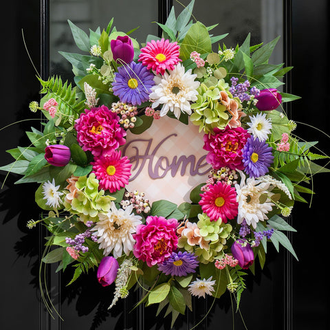 NaturaWre spring front door wreath featuring hydrangea, peony, and tulip for a welcoming entry