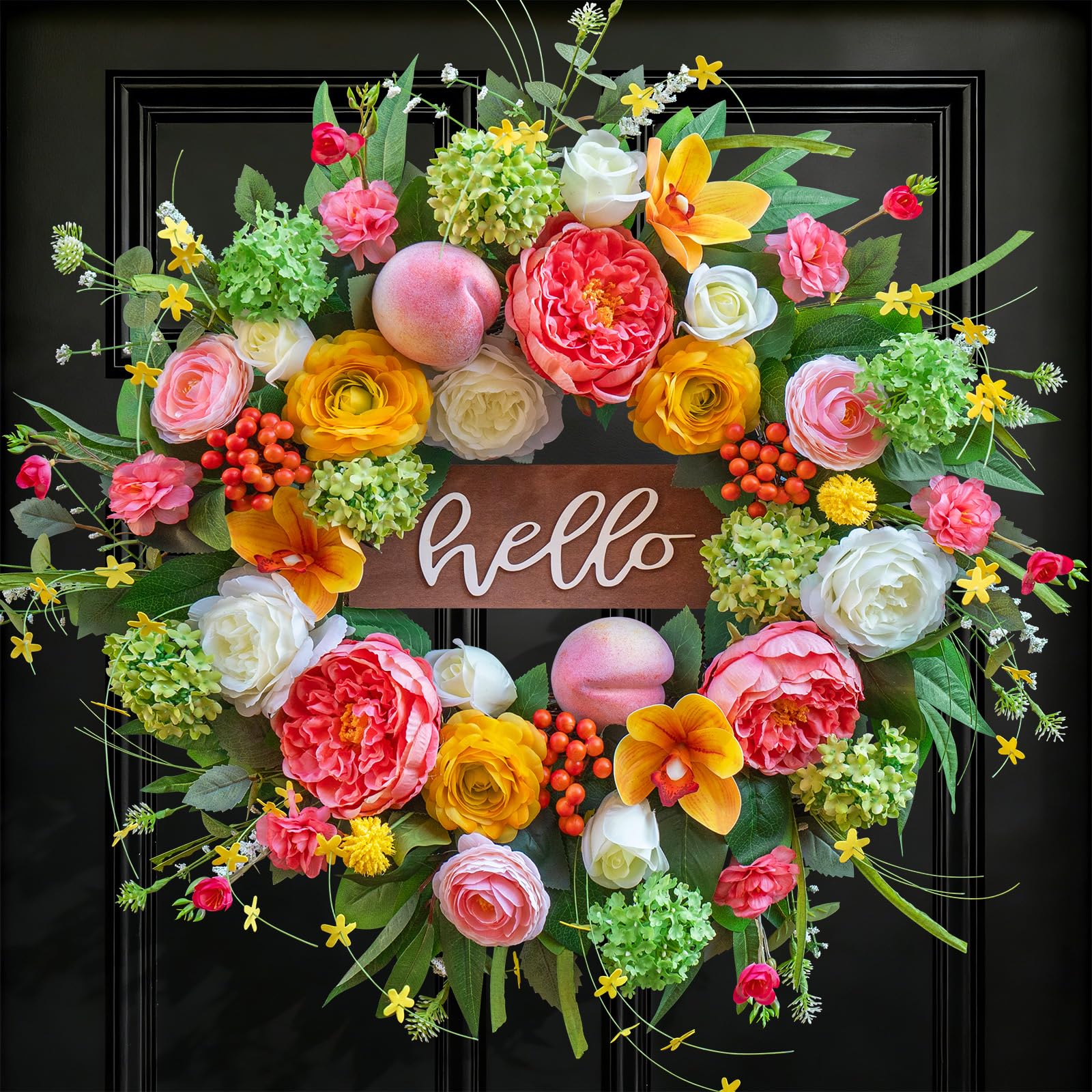 NaturaWre Spring Wreath front door peony detail enhances curb appeal.