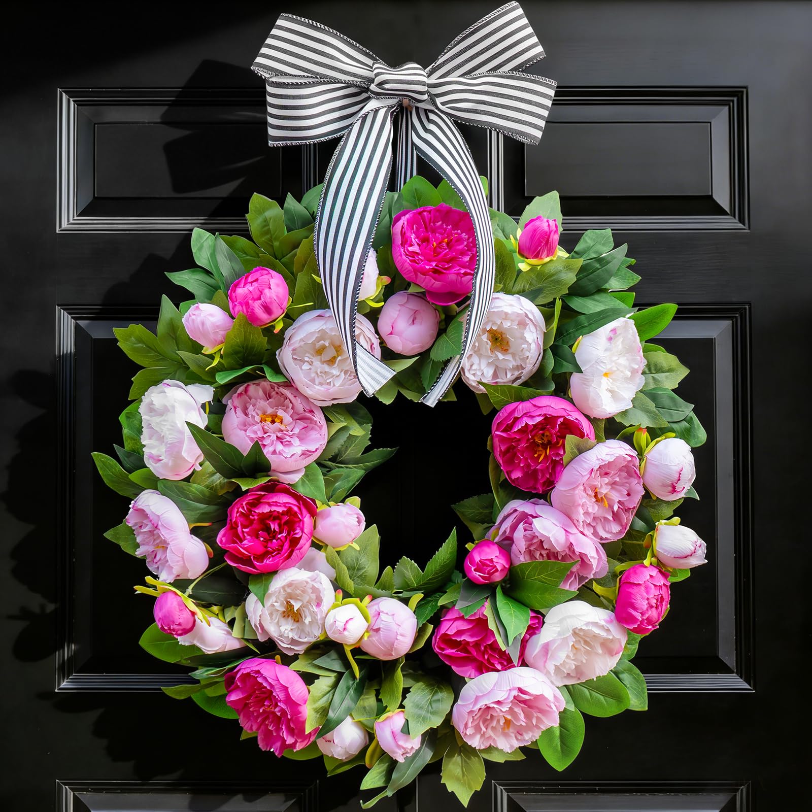 NaturaWre spring wreath with pink peonies enhances curb appeal for spring