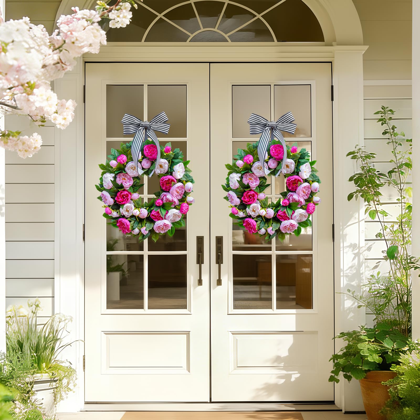 Hanging ribbon on NaturaWre spring wreath for easy setup