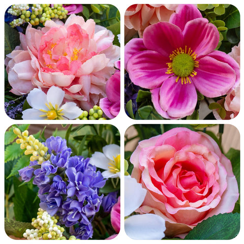 NaturaWre wreath with peonies and roses adds vibrant focal point to your door.