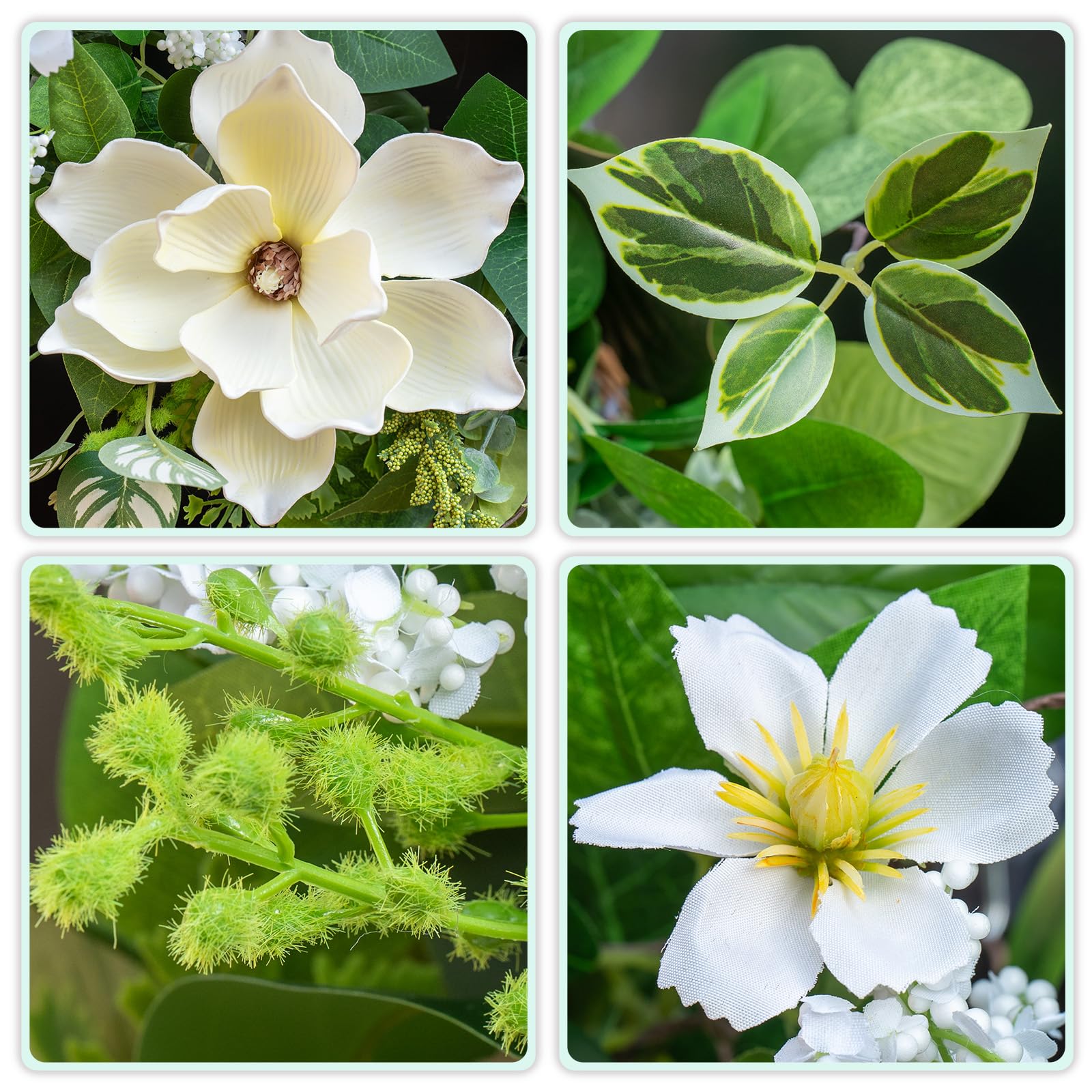 NaturaWre white magnolia blooms and berries create refined springtime welcome.