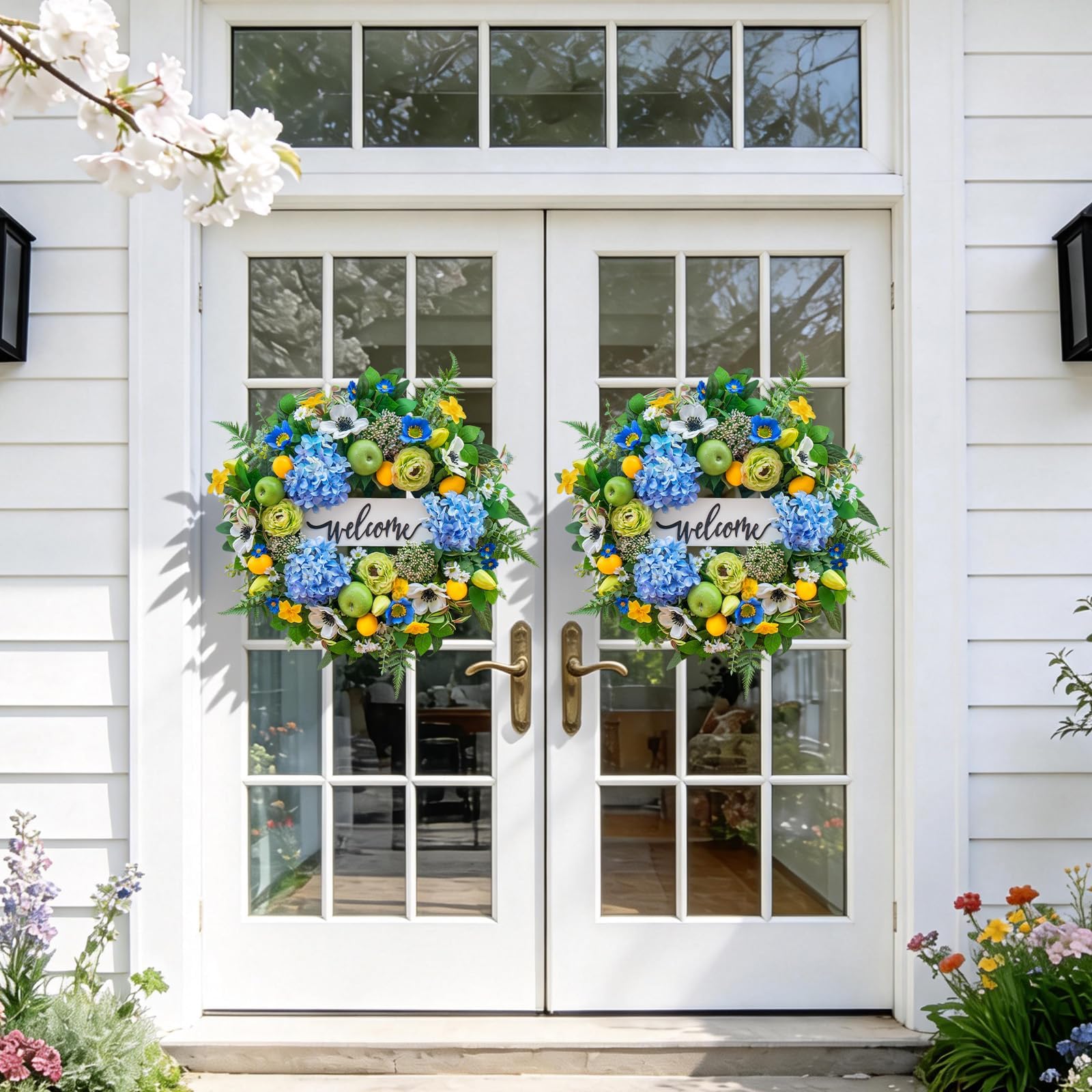 NaturaWre farmhouse-style wreath blending fruit and florals for casual elegance.