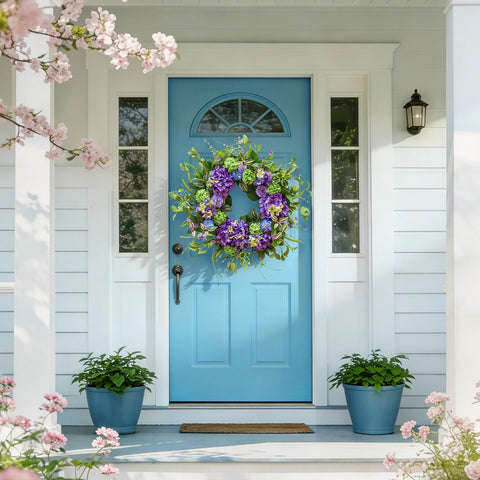 Wreath displayed on front door by NaturaWre for welcoming entryway