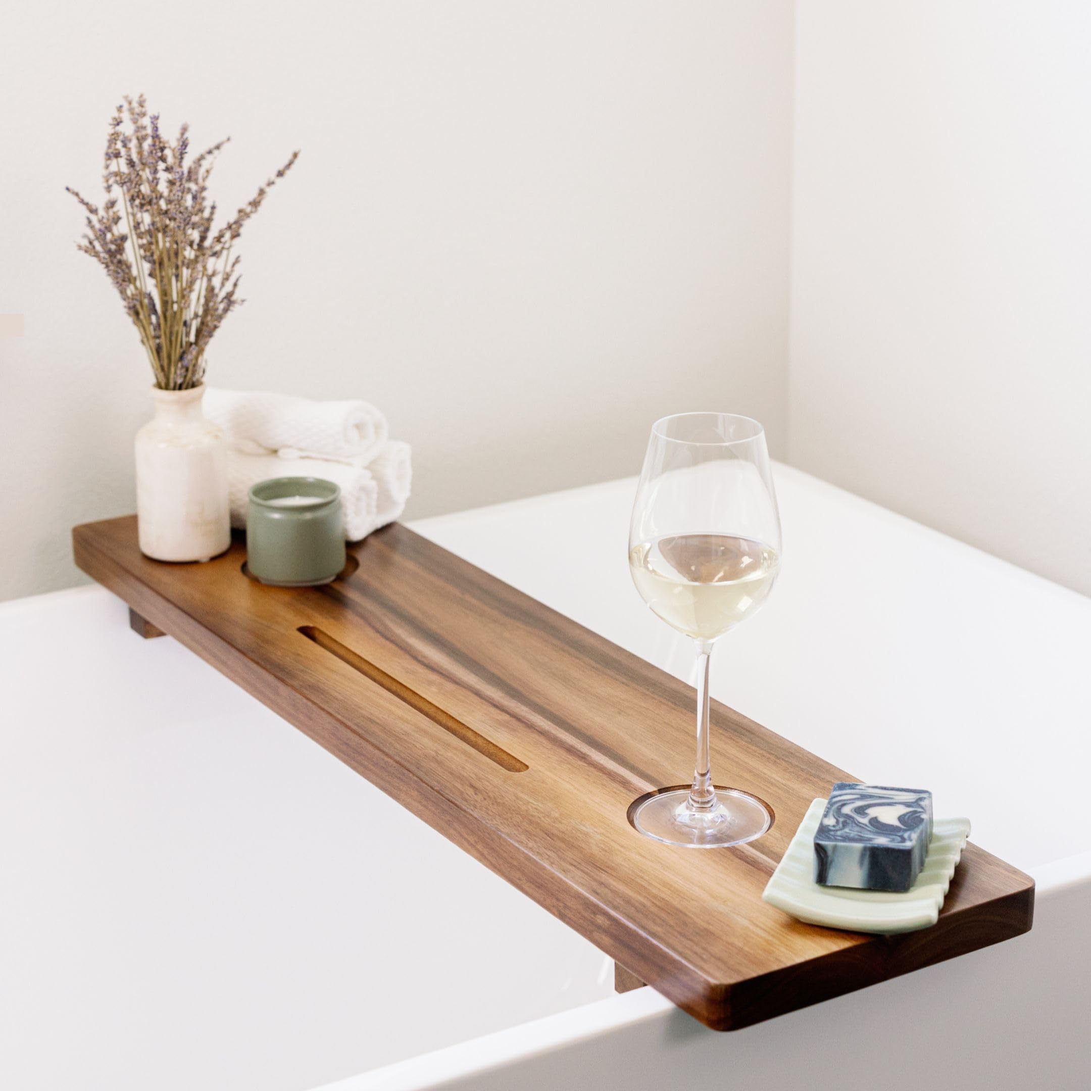 Nature Shed bathtray 35-inch acacia wood shows natural color variation for a stylish bath setup