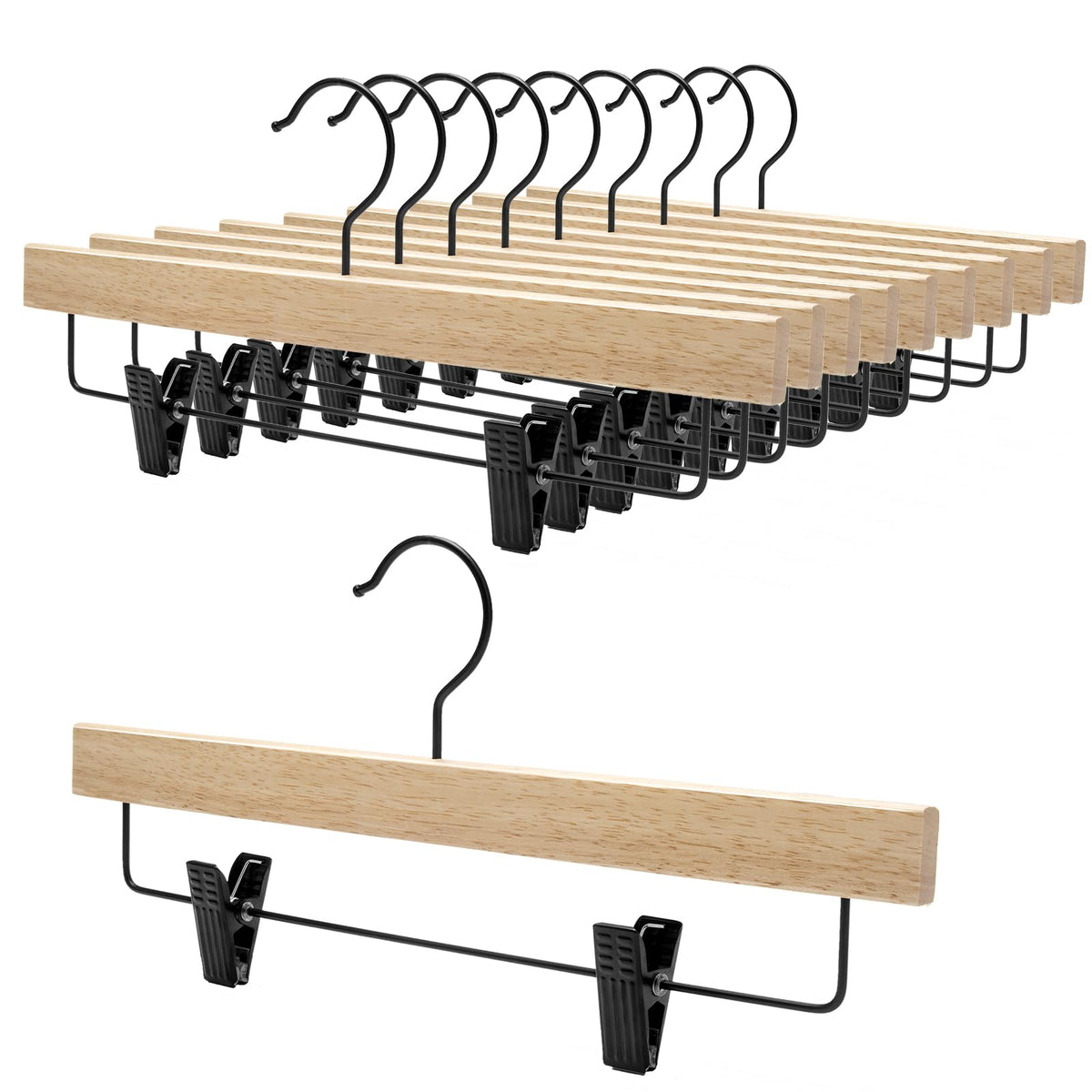 Nature Smile deluxe rubber wood hangers pack-10 for pants and skirts, sturdy natural wood.