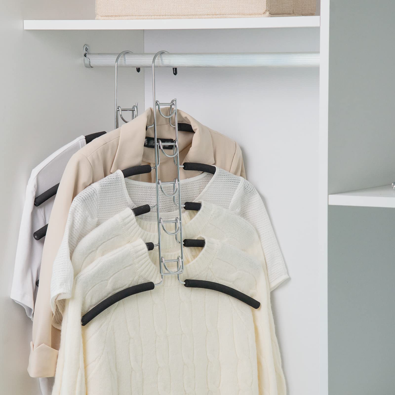 Nature Smile double-sided five-rack system hangers maximize closet space.