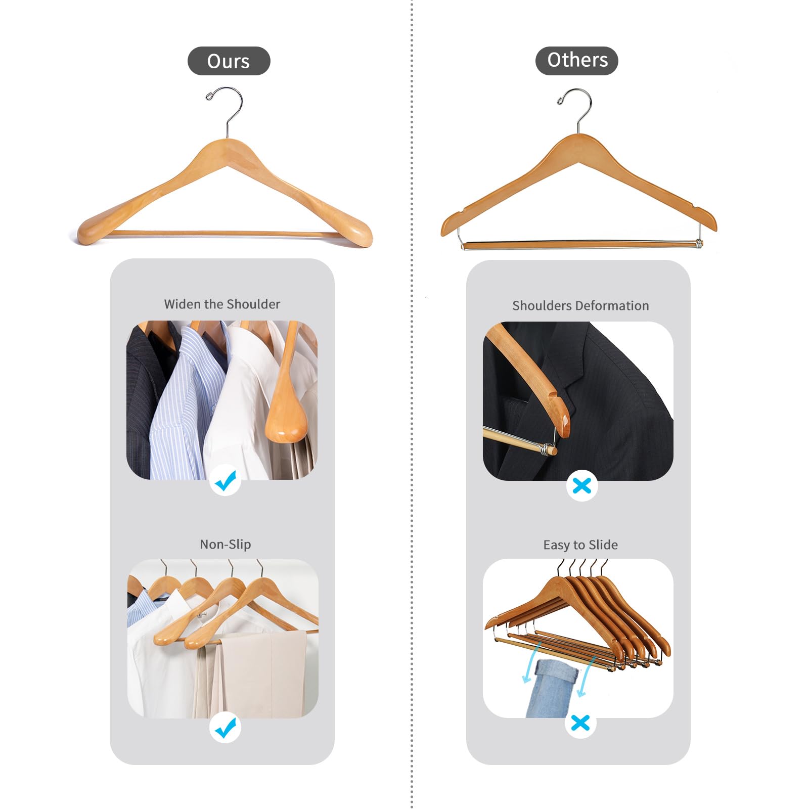 Nature Smile solid lotus wood hanger with anti-slip bar