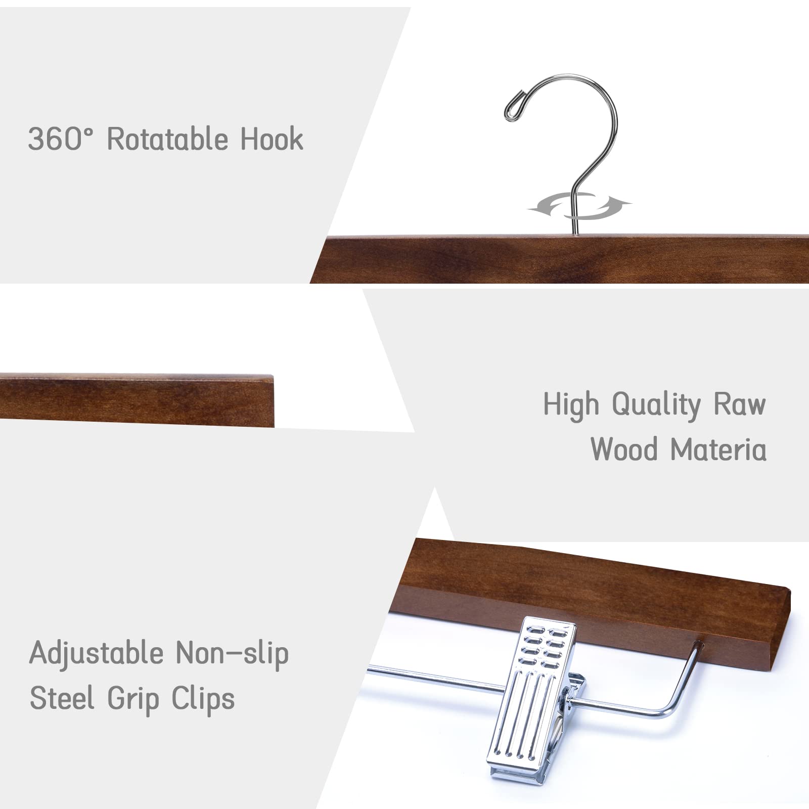 Nature Smile solid lotus wood deluxe pants hanger clip detail, cushioned grip for fabrics.