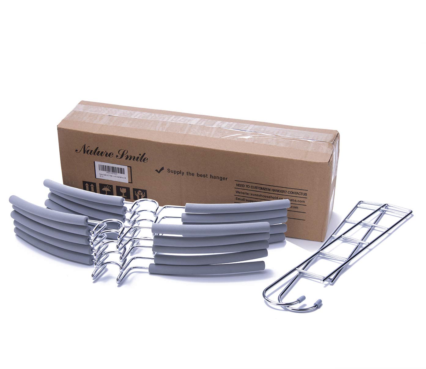 Nature Smile space-saving metal hangers shown with multiple layers saving closet space