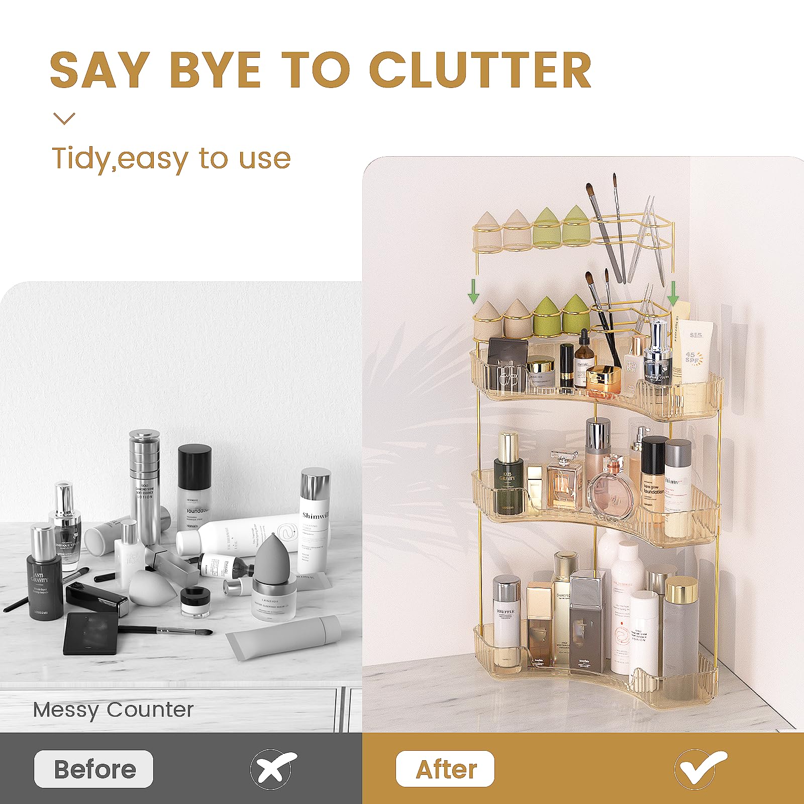 NATURE'S SOURCE 3-tier corner organizer amber gold utilizes corner space for extra storage.